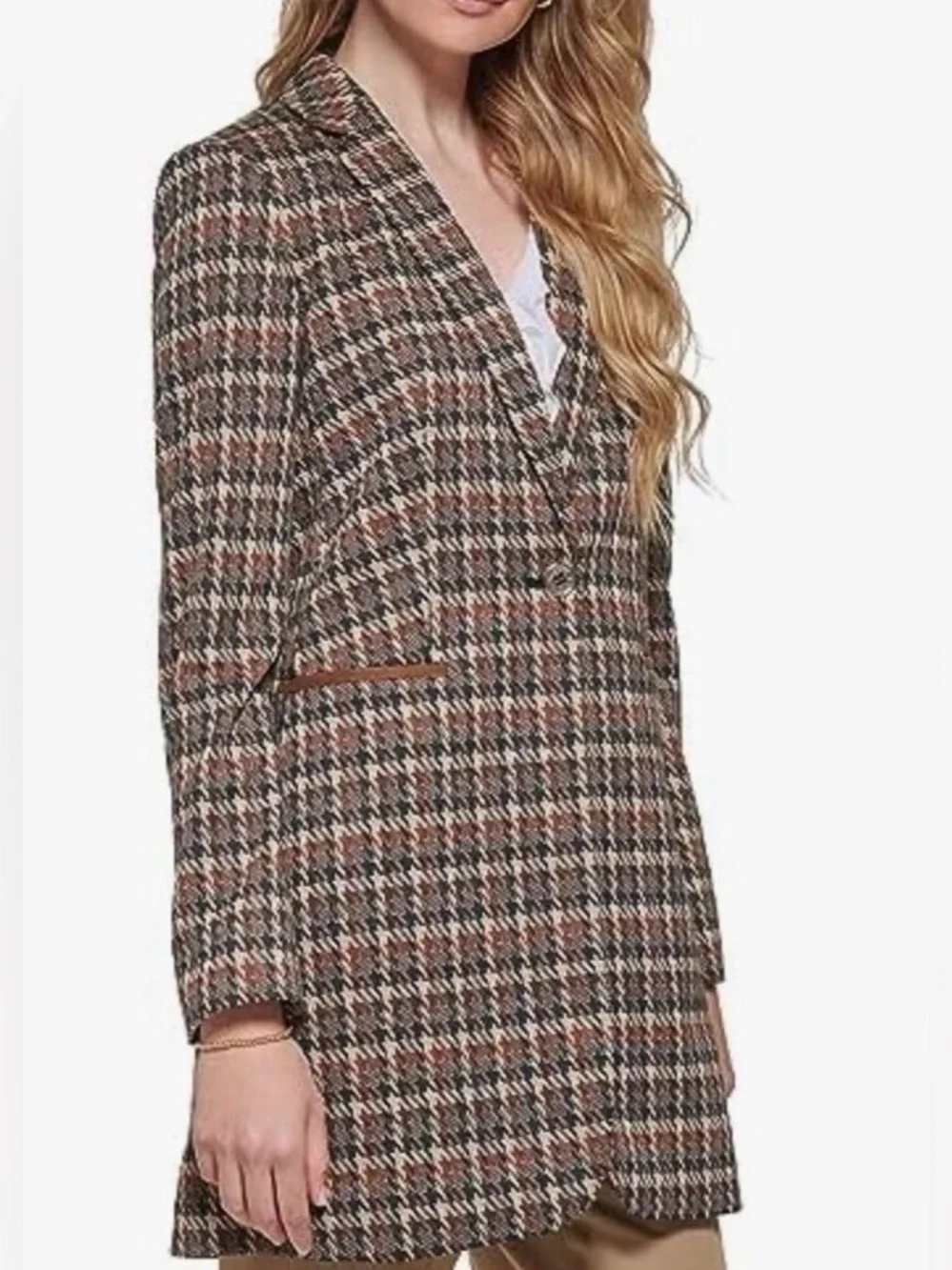 Tommy Hilfiger Plaid Houndstooth Blazer w Faux Leather Pocket Trim Size:6 NWOT - Picture 3 of 16